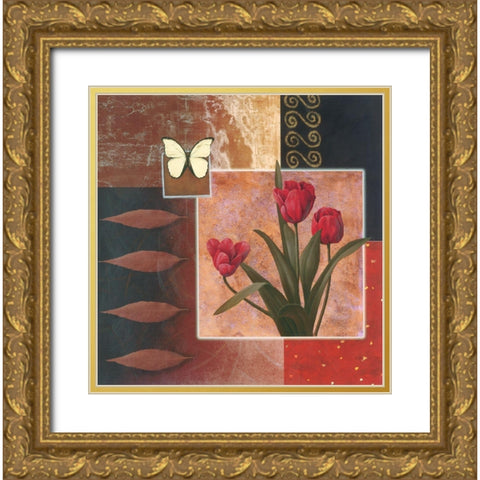 Rose with Butterfly Collage Gold Ornate Wood Framed Art Print with Double Matting by Unknown