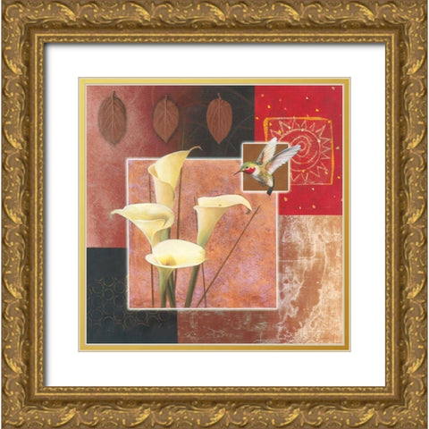 Calla Lily with Hummingbird Gold Ornate Wood Framed Art Print with Double Matting by Unknown
