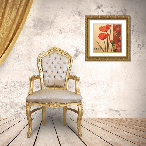 Red Poppy Damasque Gold Ornate Wood Framed Art Print with Double Matting by Unknown