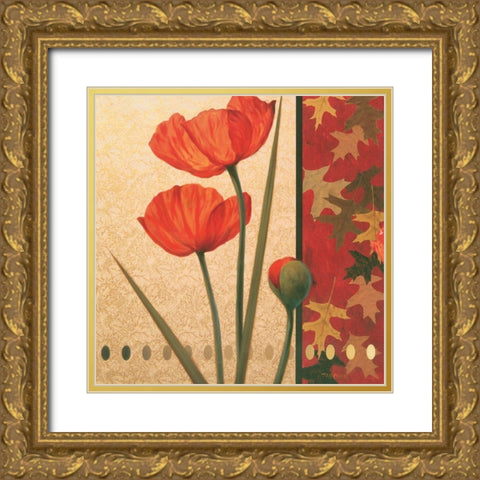 Red Poppy Damasque Gold Ornate Wood Framed Art Print with Double Matting by Unknown
