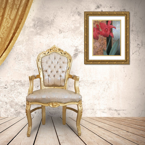 Red Orchid Teal Damasque Gold Ornate Wood Framed Art Print with Double Matting by Unknown