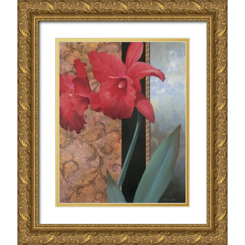 Red Orchid Teal Damasque Gold Ornate Wood Framed Art Print with Double Matting by Unknown
