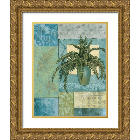 Aqua Blue Fern Collage Gold Ornate Wood Framed Art Print with Double Matting by Unknown
