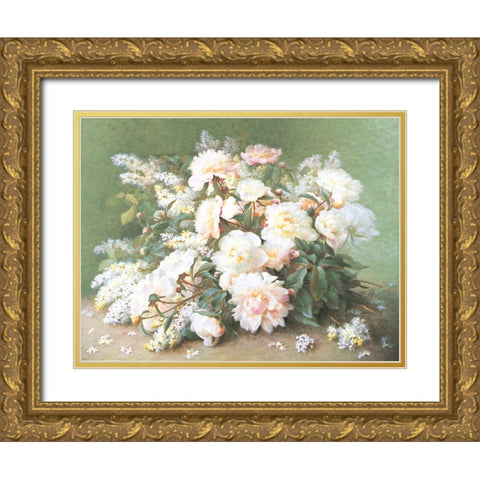 White Gladiolas Gold Ornate Wood Framed Art Print with Double Matting by Unknown
