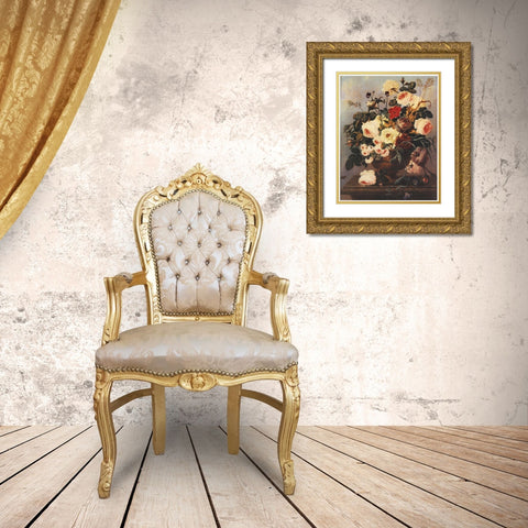 Floral on Desk Gold Ornate Wood Framed Art Print with Double Matting by Unknown