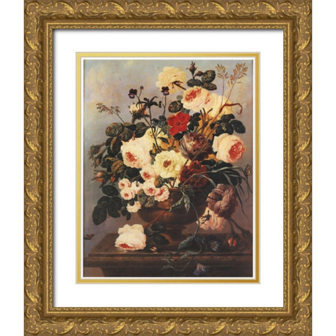 Floral on Desk Gold Ornate Wood Framed Art Print with Double Matting by Unknown