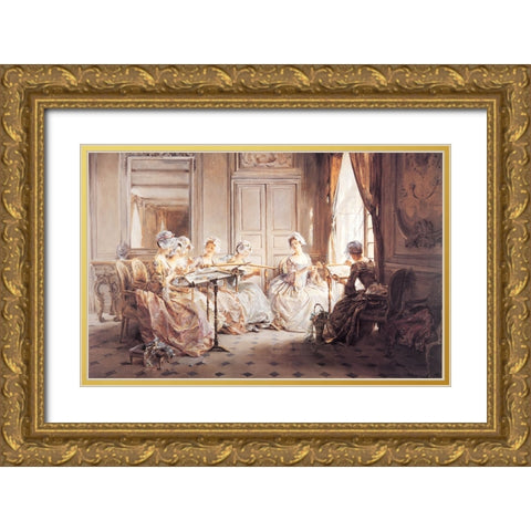 Sewing Club Gold Ornate Wood Framed Art Print with Double Matting by Unknown