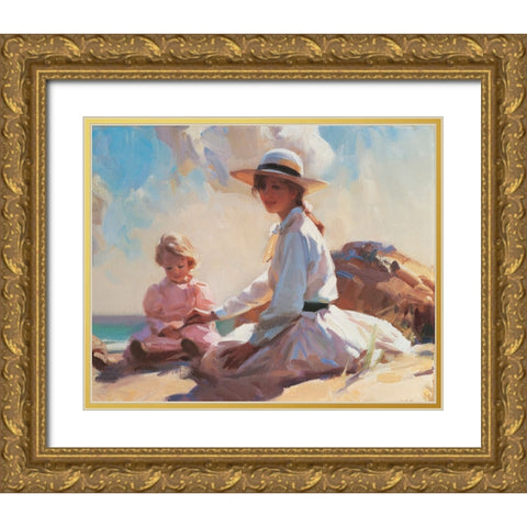 On the Beach Gold Ornate Wood Framed Art Print with Double Matting by Unknown
