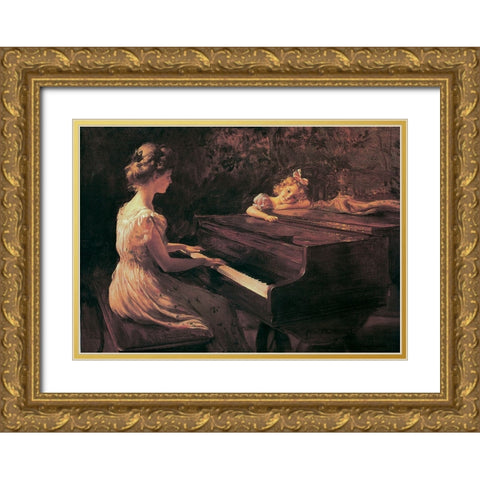 Piano Lesson Gold Ornate Wood Framed Art Print with Double Matting by Unknown