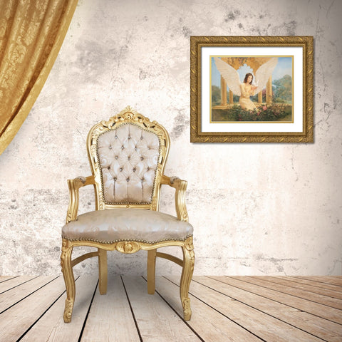 Angel and Bird Gold Ornate Wood Framed Art Print with Double Matting by Unknown