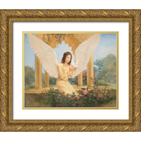 Angel and Bird Gold Ornate Wood Framed Art Print with Double Matting by Unknown
