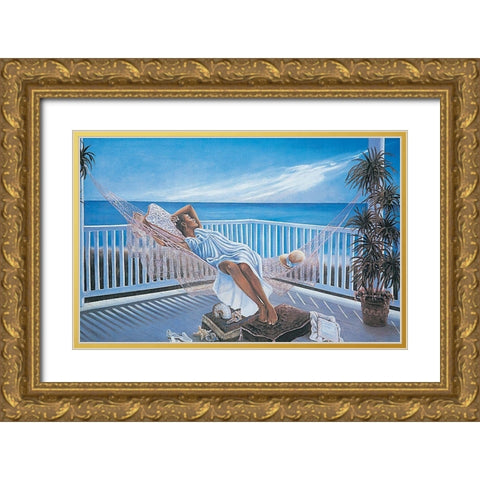 Hammock by the Sea Gold Ornate Wood Framed Art Print with Double Matting by Unknown