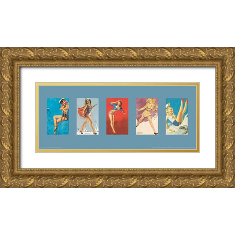 Pin Up Girls Panel II Gold Ornate Wood Framed Art Print with Double Matting by Unknown