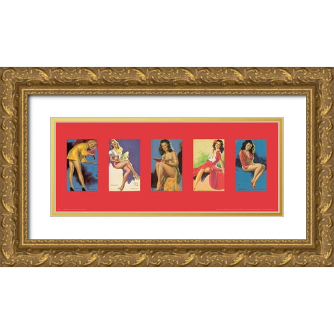 Pin Up Girls Panel III Gold Ornate Wood Framed Art Print with Double Matting by Unknown