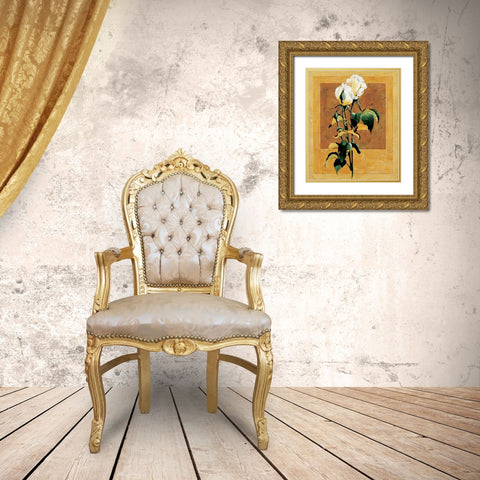 White Rose III Gold Ornate Wood Framed Art Print with Double Matting by Unknown