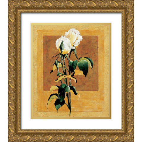 White Rose III Gold Ornate Wood Framed Art Print with Double Matting by Unknown