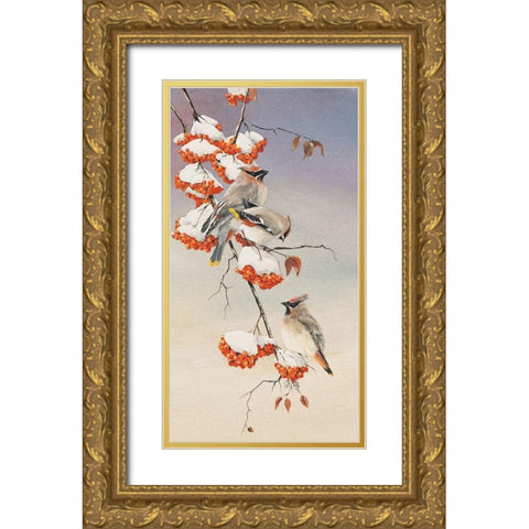 Finch on Perch Gold Ornate Wood Framed Art Print with Double Matting by Unknown