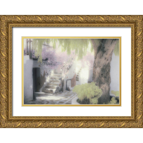 Stairs and Tree Gold Ornate Wood Framed Art Print with Double Matting by Unknown