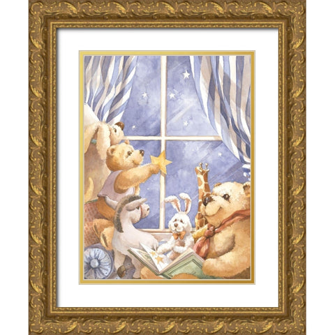 Teddy Bear Good Night II Gold Ornate Wood Framed Art Print with Double Matting by Unknown
