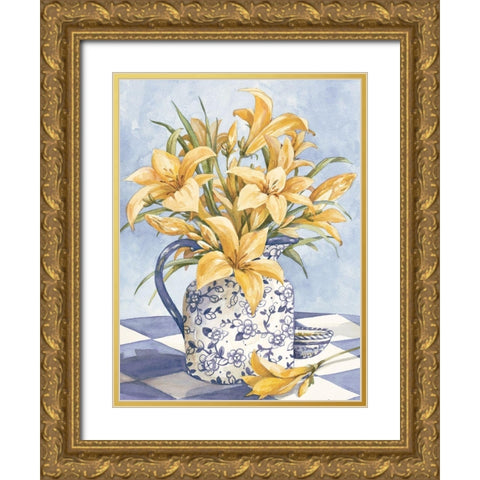 Yellow Orchids and Blue Vase I Gold Ornate Wood Framed Art Print with Double Matting by Unknown