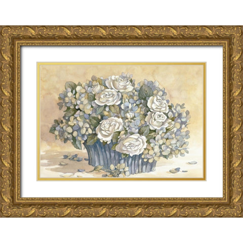 White Rose and Blue Vase Gold Ornate Wood Framed Art Print with Double Matting by Unknown