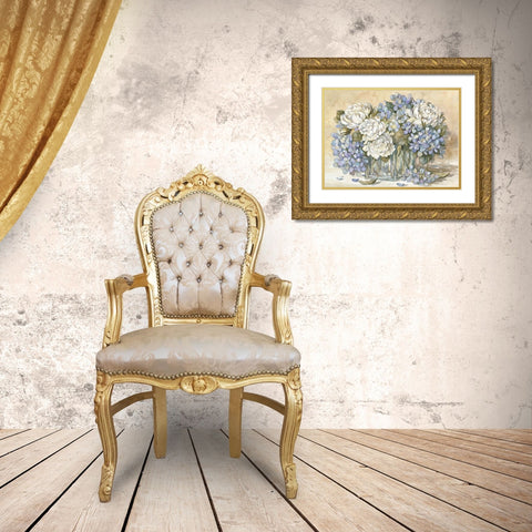 White and Blue Floral Gold Ornate Wood Framed Art Print with Double Matting by Unknown