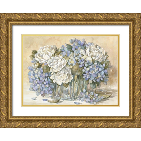 White and Blue Floral Gold Ornate Wood Framed Art Print with Double Matting by Unknown