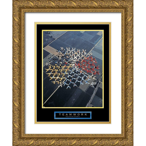Skydivers - Teamwork Gold Ornate Wood Framed Art Print with Double Matting by Unknown