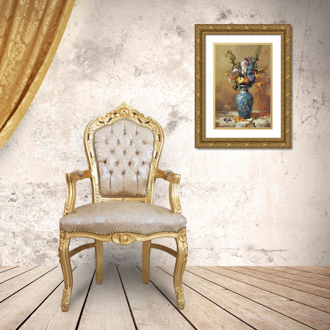 Blue Vase Floral Gold Ornate Wood Framed Art Print with Double Matting by Unknown