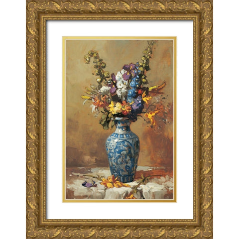 Blue Vase Floral Gold Ornate Wood Framed Art Print with Double Matting by Unknown