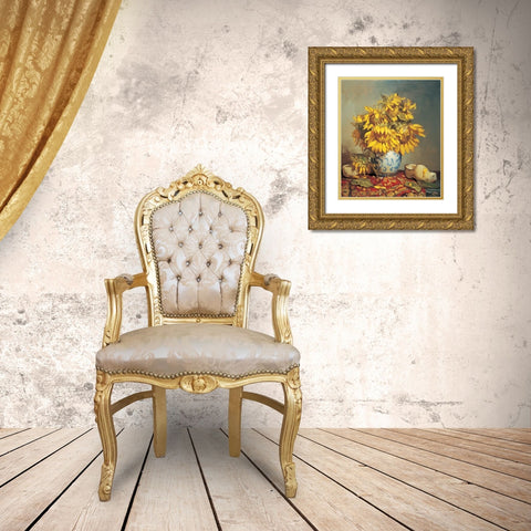 Sunflowers in Vase I Gold Ornate Wood Framed Art Print with Double Matting by Unknown