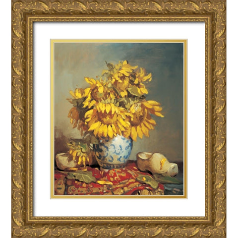 Sunflowers in Vase I Gold Ornate Wood Framed Art Print with Double Matting by Unknown