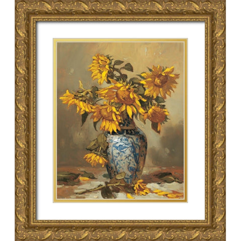Sunflowers in Vase II Gold Ornate Wood Framed Art Print with Double Matting by Unknown