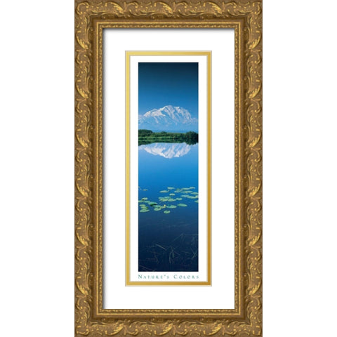 Mountain and Lilypads Gold Ornate Wood Framed Art Print with Double Matting by Unknown