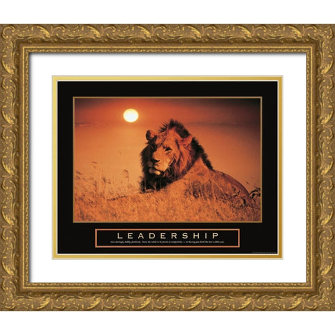 Leadership - Lion Gold Ornate Wood Framed Art Print with Double Matting by Frontline