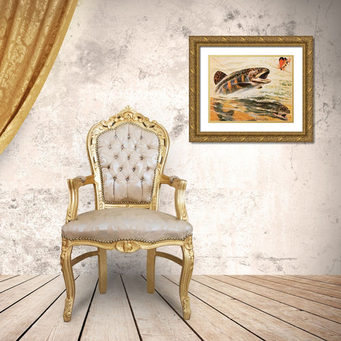 Trout and Fly Gold Ornate Wood Framed Art Print with Double Matting by Unknown
