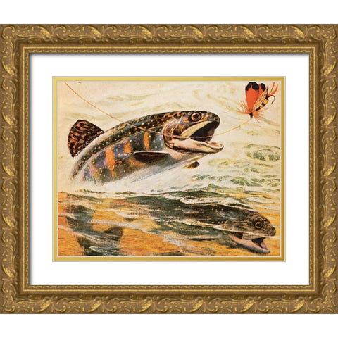 Trout and Fly Gold Ornate Wood Framed Art Print with Double Matting by Unknown