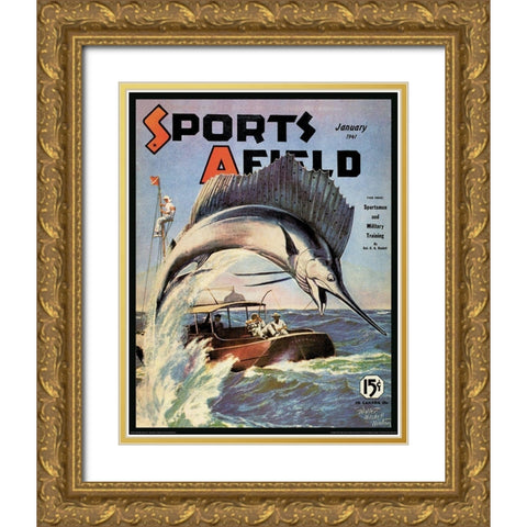 Marlin Fishing Gold Ornate Wood Framed Art Print with Double Matting by Unknown