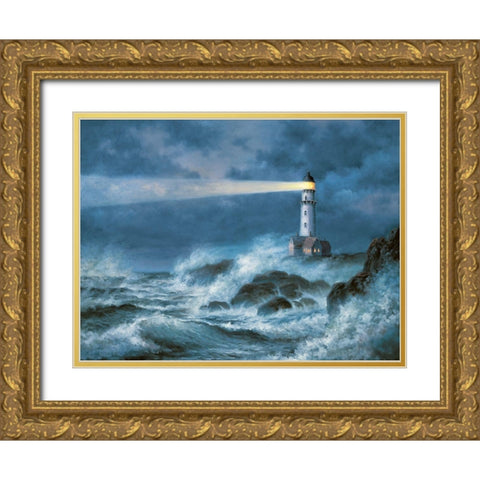 Stormy Lighthouse Gold Ornate Wood Framed Art Print with Double Matting by Unknown