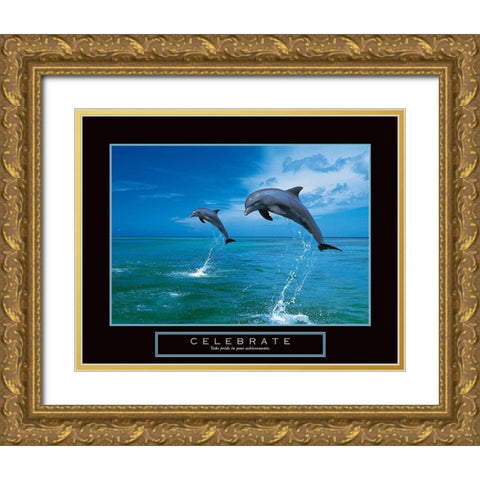Celebrate - Dolphins Gold Ornate Wood Framed Art Print with Double Matting by Unknown