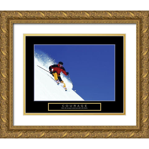 Courage - Skier Gold Ornate Wood Framed Art Print with Double Matting by Frontline