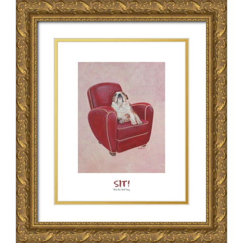 Bull Dog Sitting on Chair Gold Ornate Wood Framed Art Print with Double Matting by Frontline