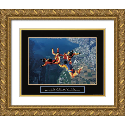 Teamwork - Sky Divers Gold Ornate Wood Framed Art Print with Double Matting by Frontline