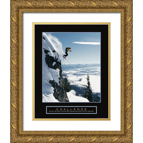 Challenge - Extreme Skier Gold Ornate Wood Framed Art Print with Double Matting by Frontline