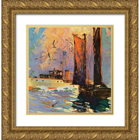Motor Boating II Gold Ornate Wood Framed Art Print with Double Matting by Unknown