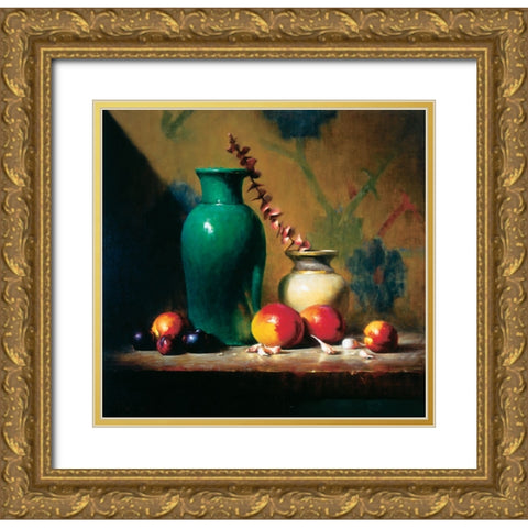 Green Vase And Fruit Gold Ornate Wood Framed Art Print with Double Matting by Unknown