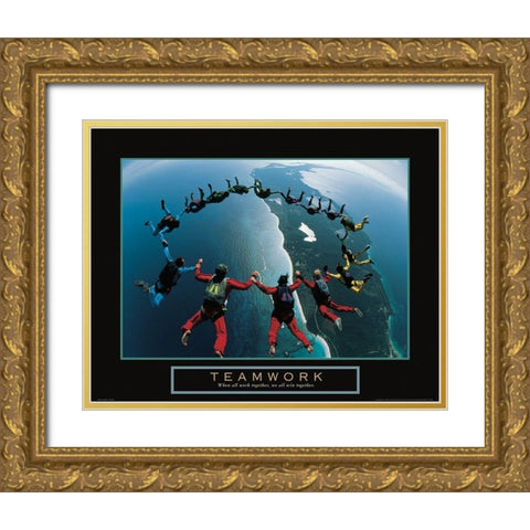Teamwork - Skydivers Gold Ornate Wood Framed Art Print with Double Matting by Frontline