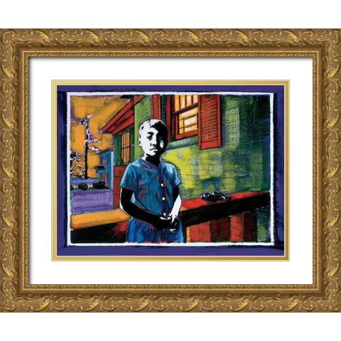 Boy on Stoop Gold Ornate Wood Framed Art Print with Double Matting by Unknown