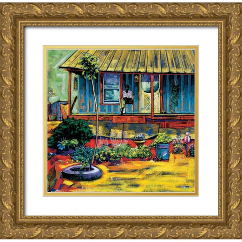 Palm Tree Porch Gold Ornate Wood Framed Art Print with Double Matting by Unknown