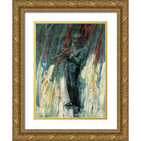 Trumpet Man Gold Ornate Wood Framed Art Print with Double Matting by Unknown
